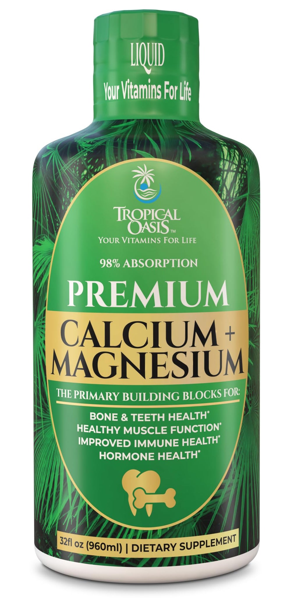 Tropical Oasis Liquid Calcium Magnesium bottle ready for daily bone health support.