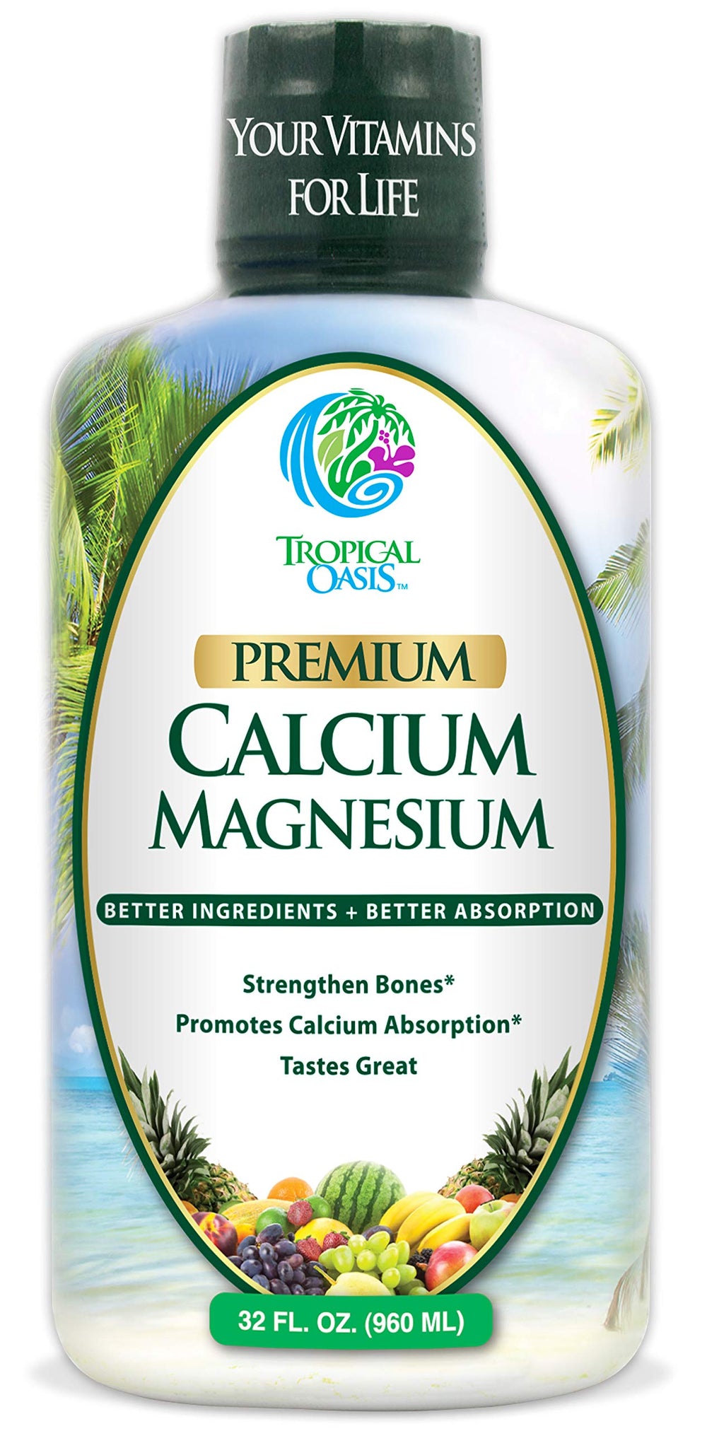Tropical Oasis Liquid Calcium Magnesium bottle showing natural formula for bone support