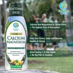 Tropical Oasis Liquid Calcium Magnesium poured into glass for daily use