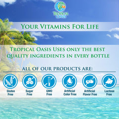 Tropical Oasis bottle beside water for easy daily intake.
