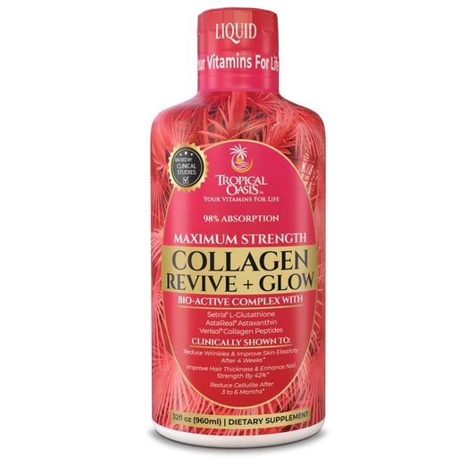 Tropical Oasis Liquid Collagen Glow bottle highlights VERISOL for potential hair and nail support.
