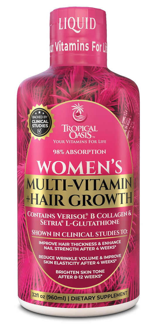 Tropical Oasis liquid multivitamin bottle pour demonstrates convenient daily use for wellness.