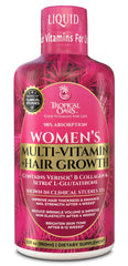 Tropical Oasis liquid multivitamin bottle pour demonstrates convenient daily use for wellness.