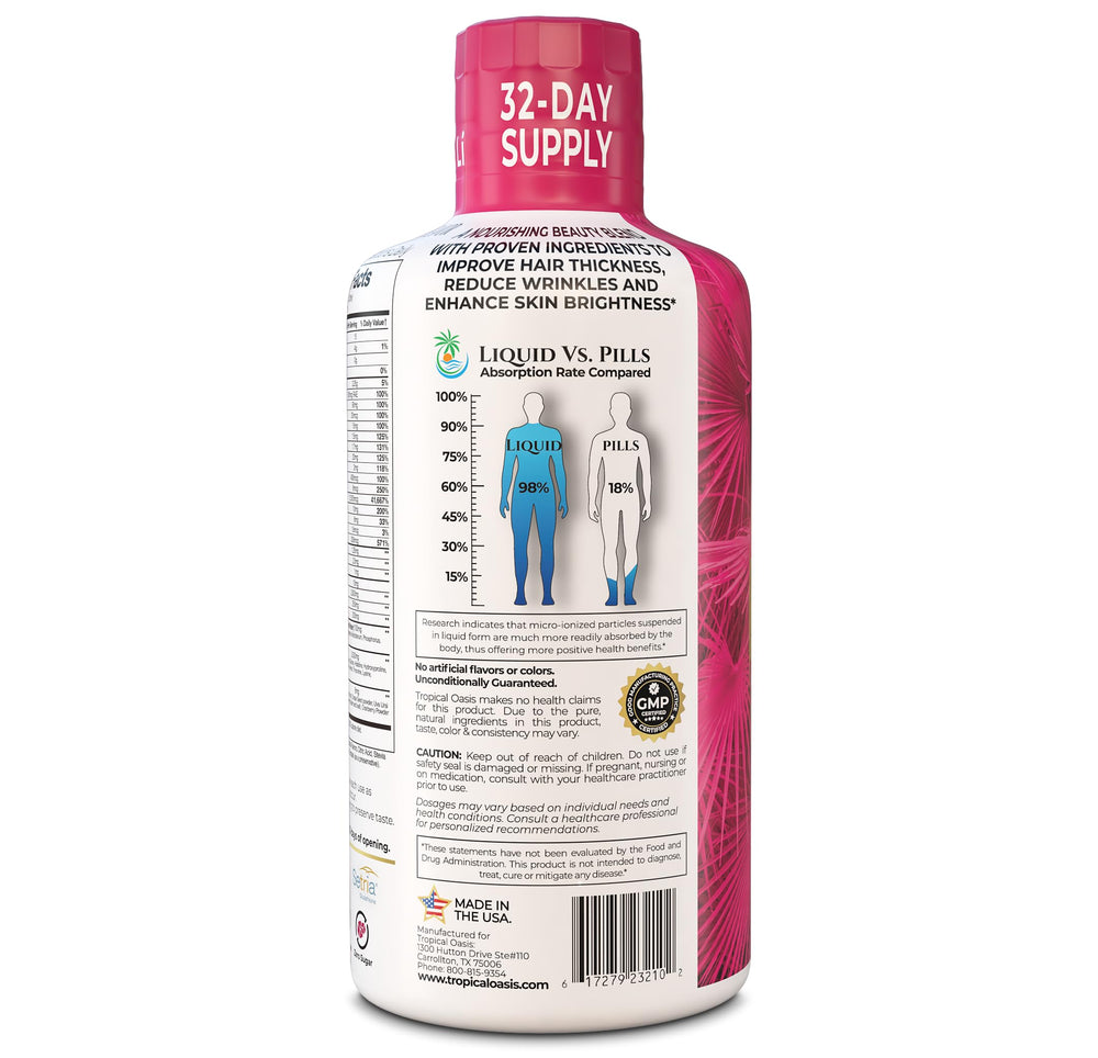 Tropical Oasis liquid multivitamin hair thickness visual hints at stronger strands.