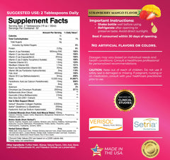 Tropical Oasis liquid multivitamin label closeup highlights clean ingredients and brand trust.