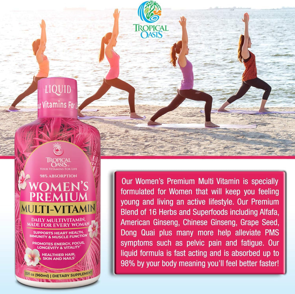 Tropical Oasis liquid multivitamin for women, daily dosing on the counter shows convenient routine.