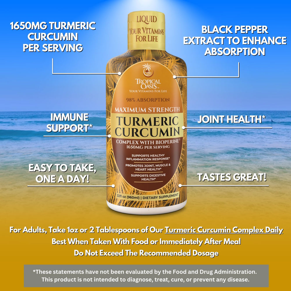 Tropical Oasis Liquid Turmeric amber bottle on shelf conveys premium quality packaging