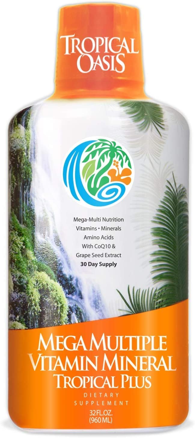 Tropical Oasis Mega Plus bottle front shows packaging for daily nutrient support.