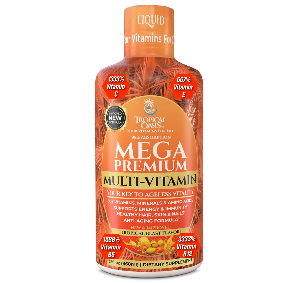 Tropical Oasis Mega Premium bottle with orange flavor for immune support.