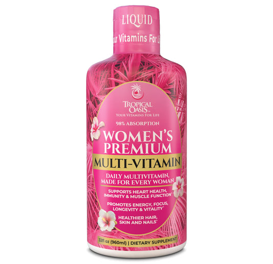 Tropical Oasis premium liquid multivitamin for women, poured into a glass for quick absorption.