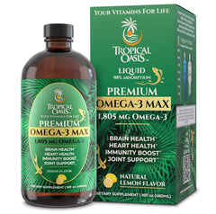 Tropical Oasis Premium Omega-3 liquid bottle being poured for heart and brain support.