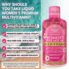Tropical Oasis women's liquid multivitamin on kitchen counter suggests easy daily nutrition.
