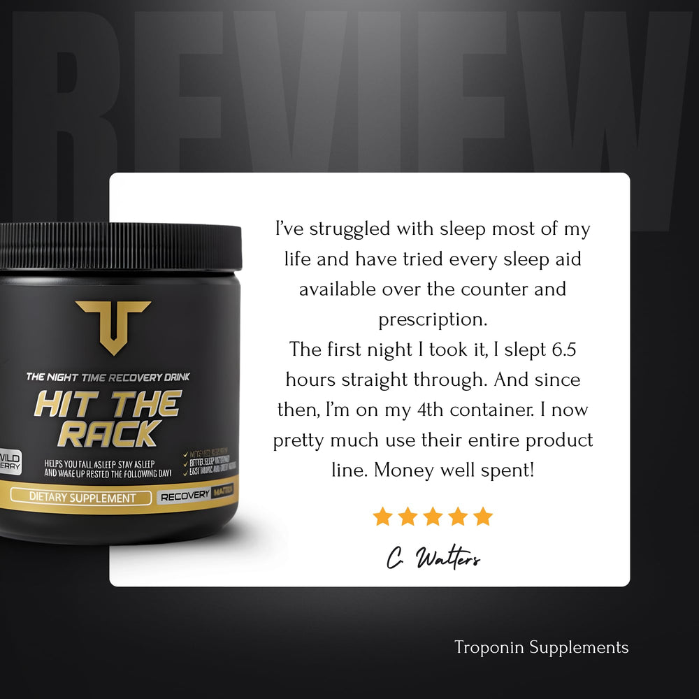 Troponin Hit The Rack label close-up, evoking bedtime relaxation.
