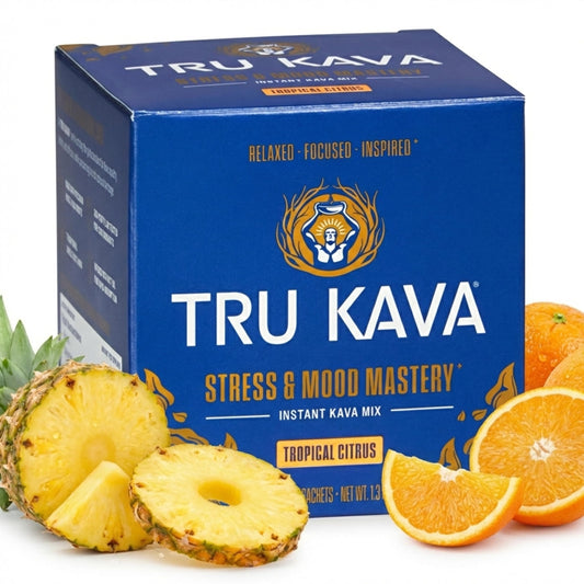 Tru Kava whole root powder jar for authentic ceremonial-grade kava at home.