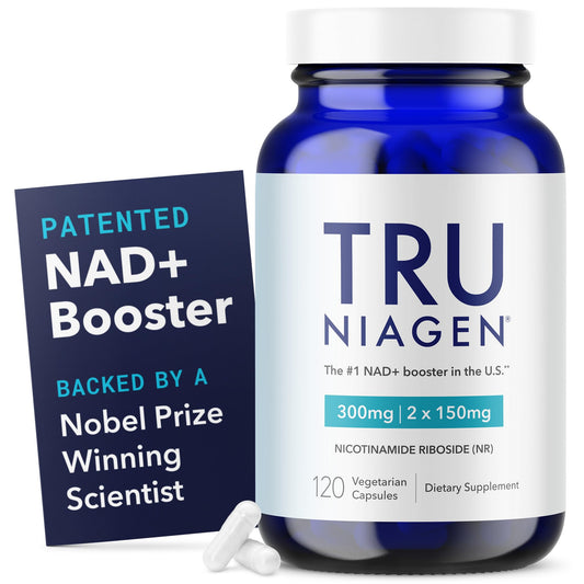 TRU Niagen bottle front view on a clean surface showing NAD+ support for cellular energy.