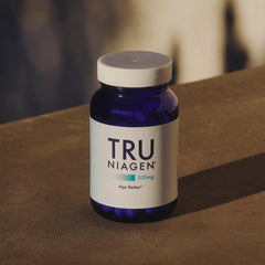 TRU NIAGEN bottle label closeup emphasizes Niagen NAD+ science