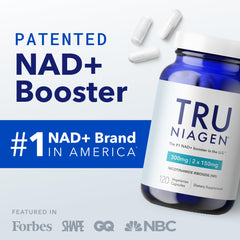 TRU Niagen bottle with glass showcasing premium packaging for daily NAD+ support.