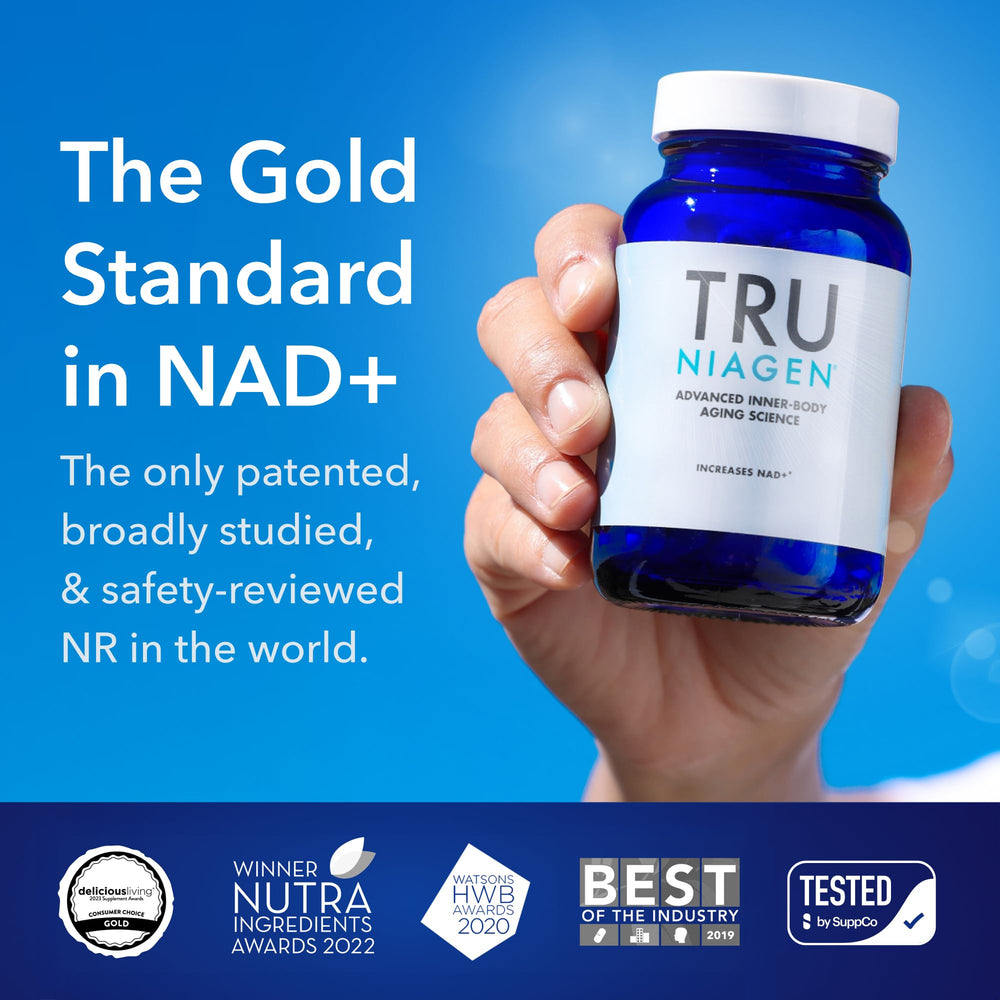 TRU NIAGEN branding logo closeup reinforces trusted NAD+ supplement