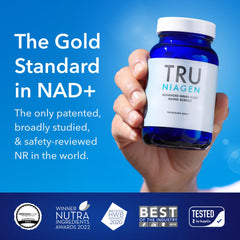 TRU NIAGEN branding logo closeup reinforces trusted NAD+ supplement