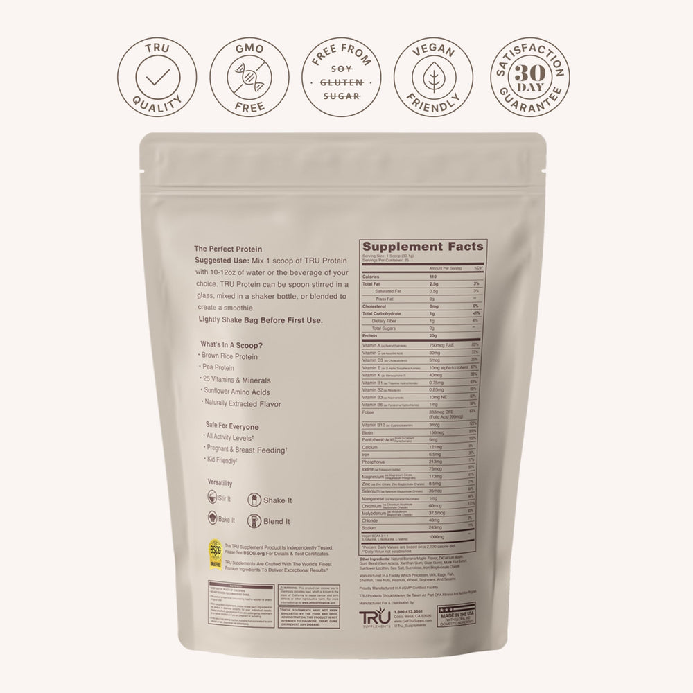 TRU Supplements Banana Maple Muffin nutrition panel shows 27 vitamins per serving.