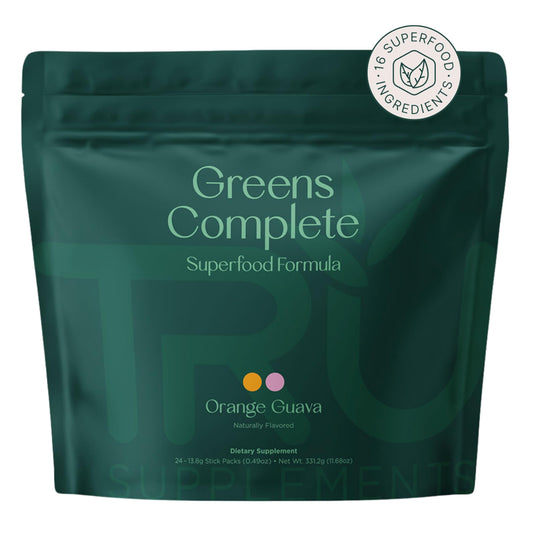 TRU Supplements Greens Complete orange guava stick pack ready to energize your morning