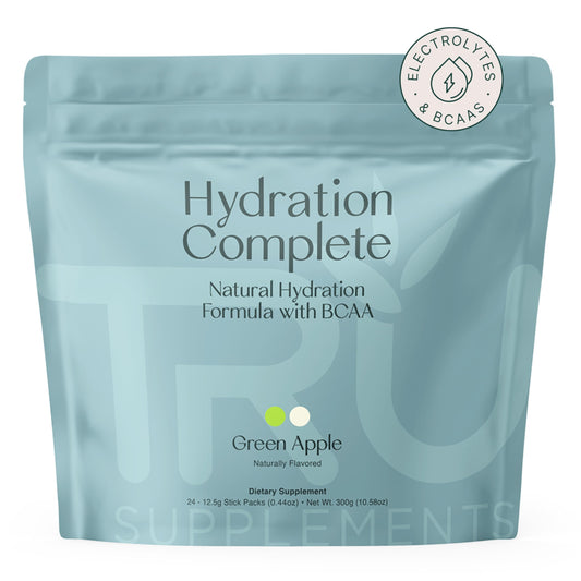 TRU Supplements Hydration Complete BCAA green apple tub for post-workout hydration.