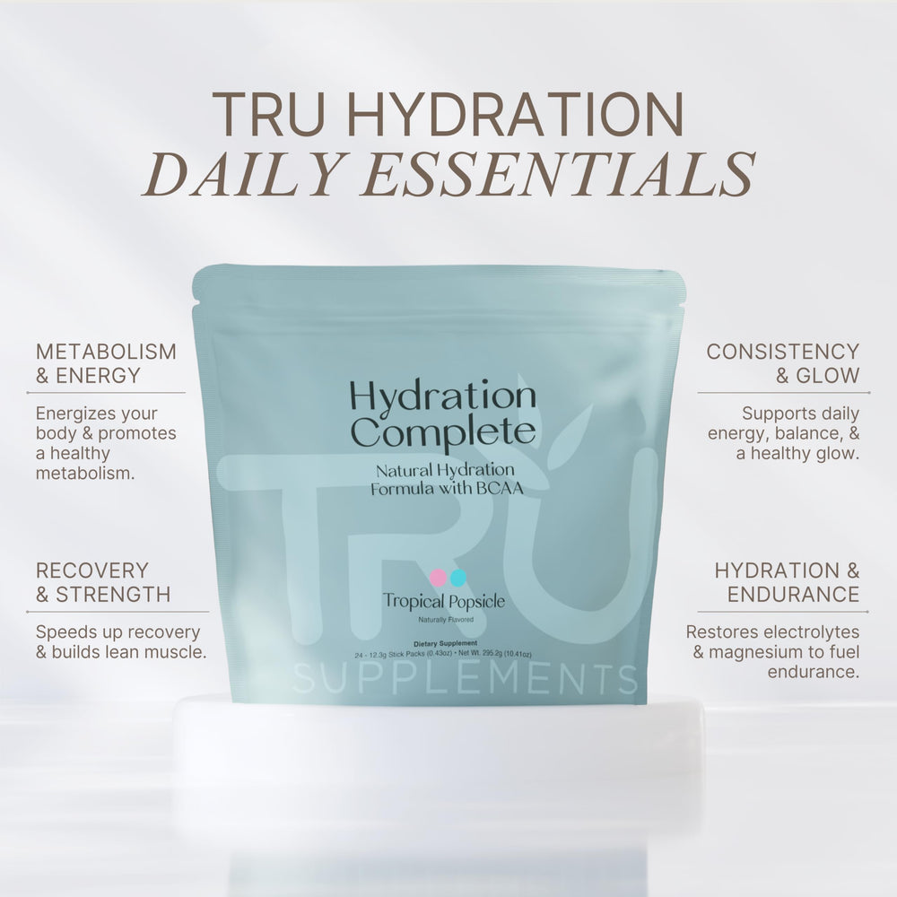 TRU Hydration Complete ingredients label emphasizes amino acids and electrolytes