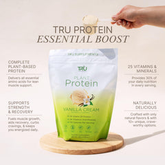 TRU Supplements Plant Based Protein Powder Vanilla Cream label close-up, non-GMO and low sugar.