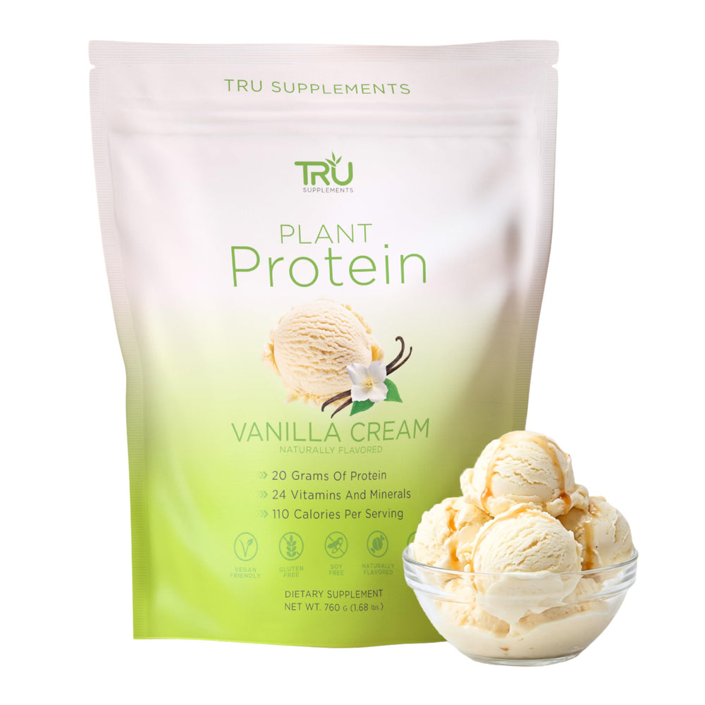 TRU Supplements Plant Based Protein Powder Vanilla Cream tub front, high-protein nutrition for workouts.