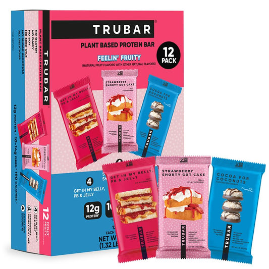 TRUBAR Feelin' Fruity Get in My Belly PB&J bar close-up, creamy texture with plant-based protein.