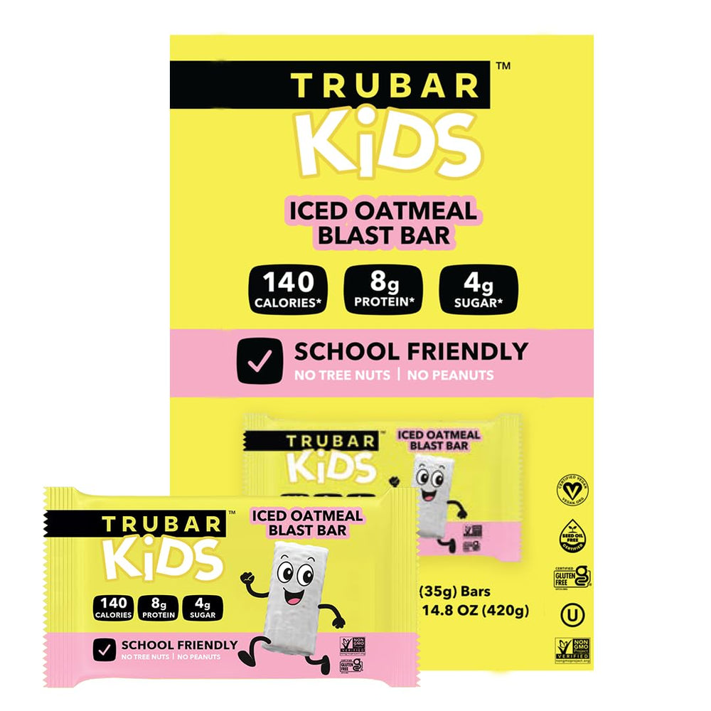 TRUBAR Kids Protein Bars Iced Oatmeal Blast packaging shows gluten-free, nut-free school snack.