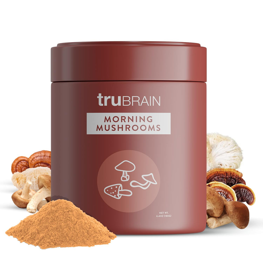 TruBrain Morning Mushrooms bottle highlights premium ingredients for natural energy and focus.