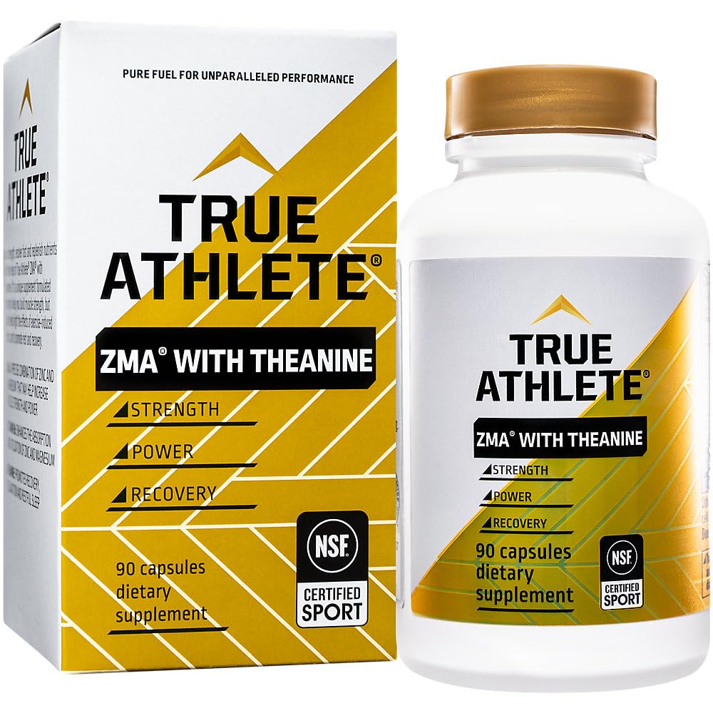 True Athlete ZMA + L-Theanine capsules bottle front highlights evening-friendly formula.