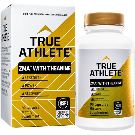 True Athlete ZMA + L-Theanine capsules bottle front highlights evening-friendly formula.