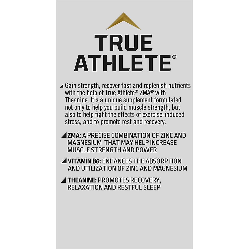 True Athlete ZMA + L-Theanine capsules on a table emphasize quick, travel-friendly supplementation.