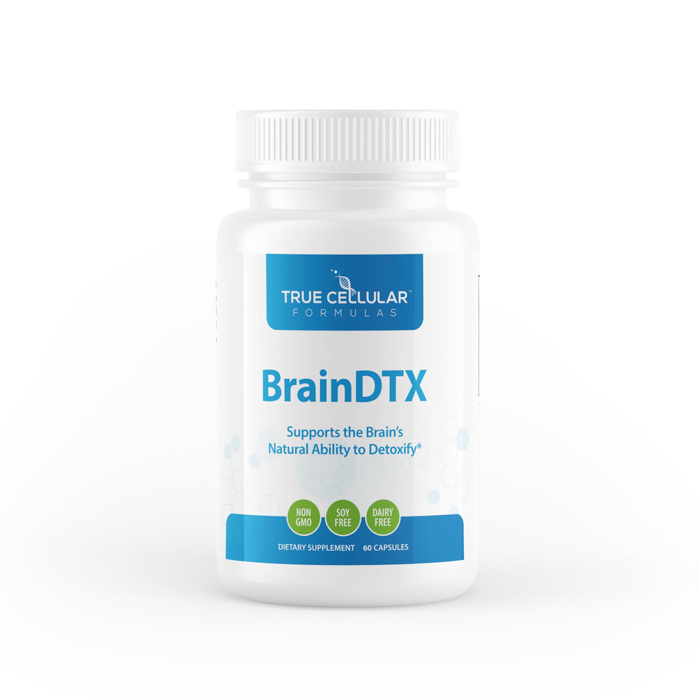 True Cellular Formulas BrainDTX bottle front highlighting cognitive support ingredients.