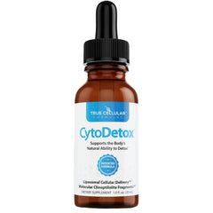 True Cellular Formulas Cytodetox bottle closeup for travel-friendly detox support