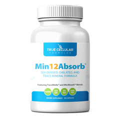 True Cellular Formulas MIN12Absorb bottle front showcases a comprehensive mineral blend for daily vitality.