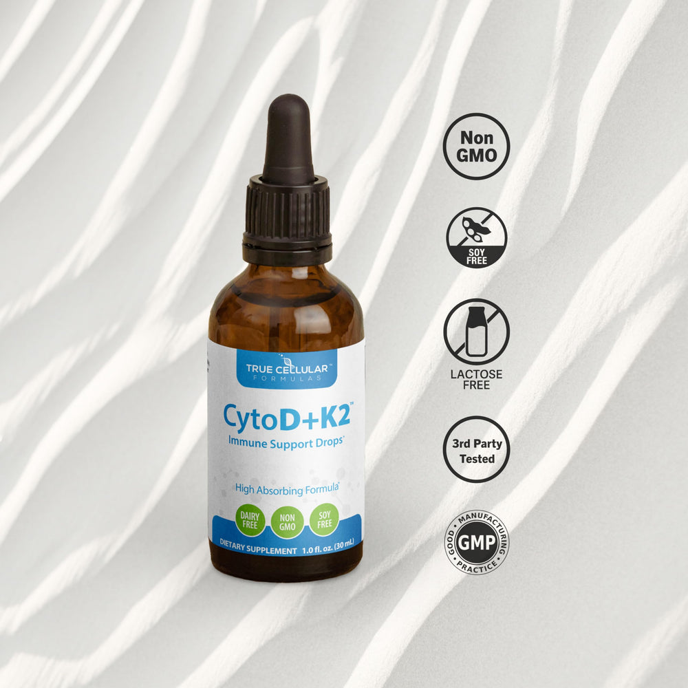 Close-up of True Cellular Formulas D3 + K2 drops bottle