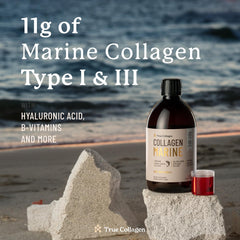 True Collagen Marine berry-flavored shot poured into a glass for daily intake