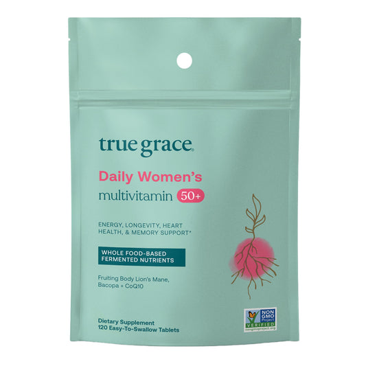 True Grace Daily Women’s Multivitamin 50+ bottle ready for daily use with easy swallowing.