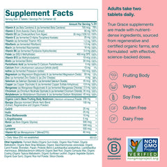 True Grace Daily Multivitamin 50+ label close-up showing nutrients for longevity and memory.