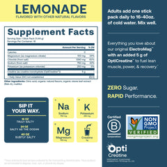 Close-up of True Grace ElectroMag + Creatine Lemonade label highlighting minerals.