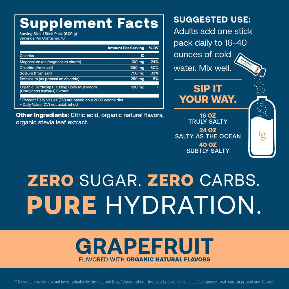 True Grace ElectroMag grapefruit mix dissolving in water for refreshing hydration.
