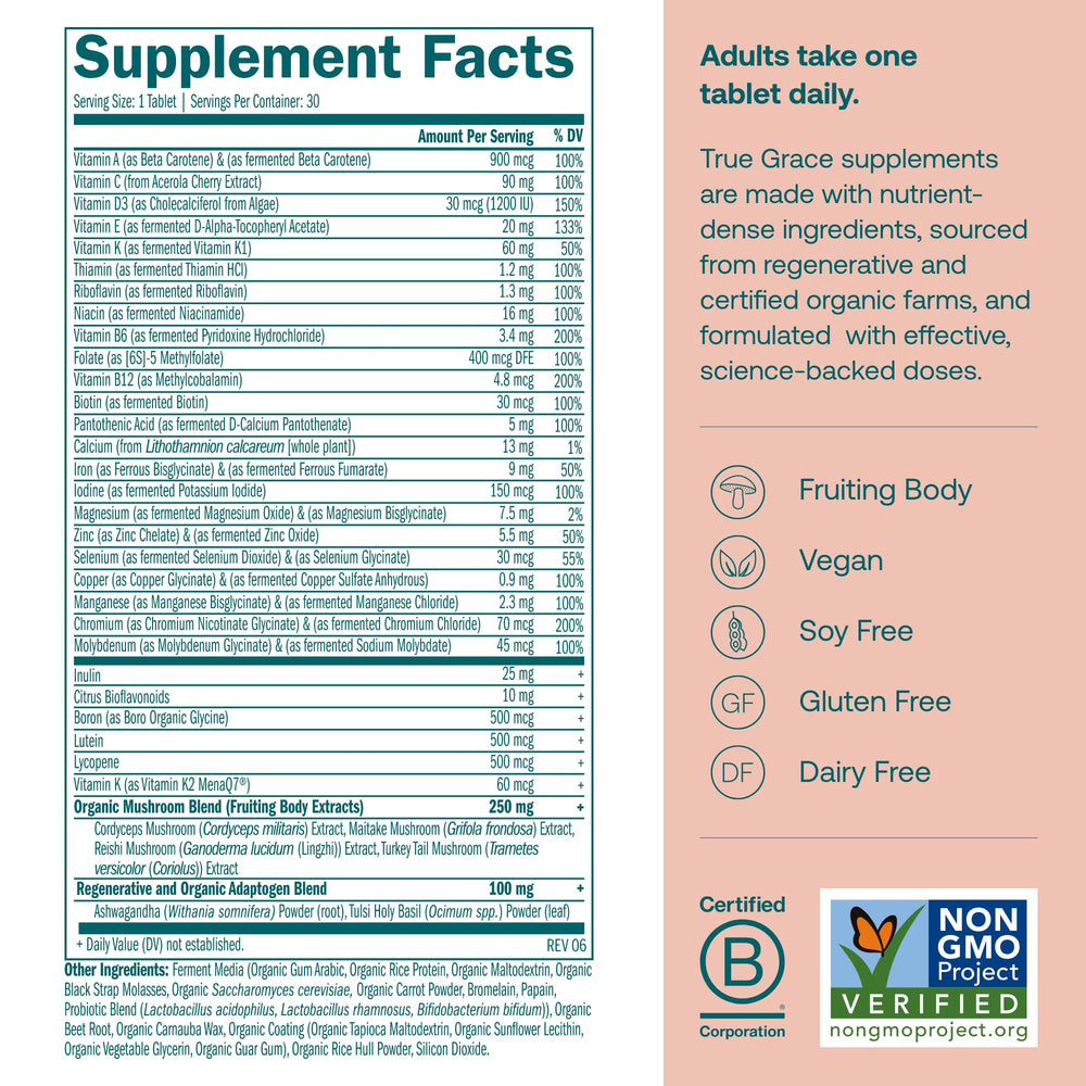 True Grace fermented minerals tablet close-up highlighting nutrient-dense formulation for absorption