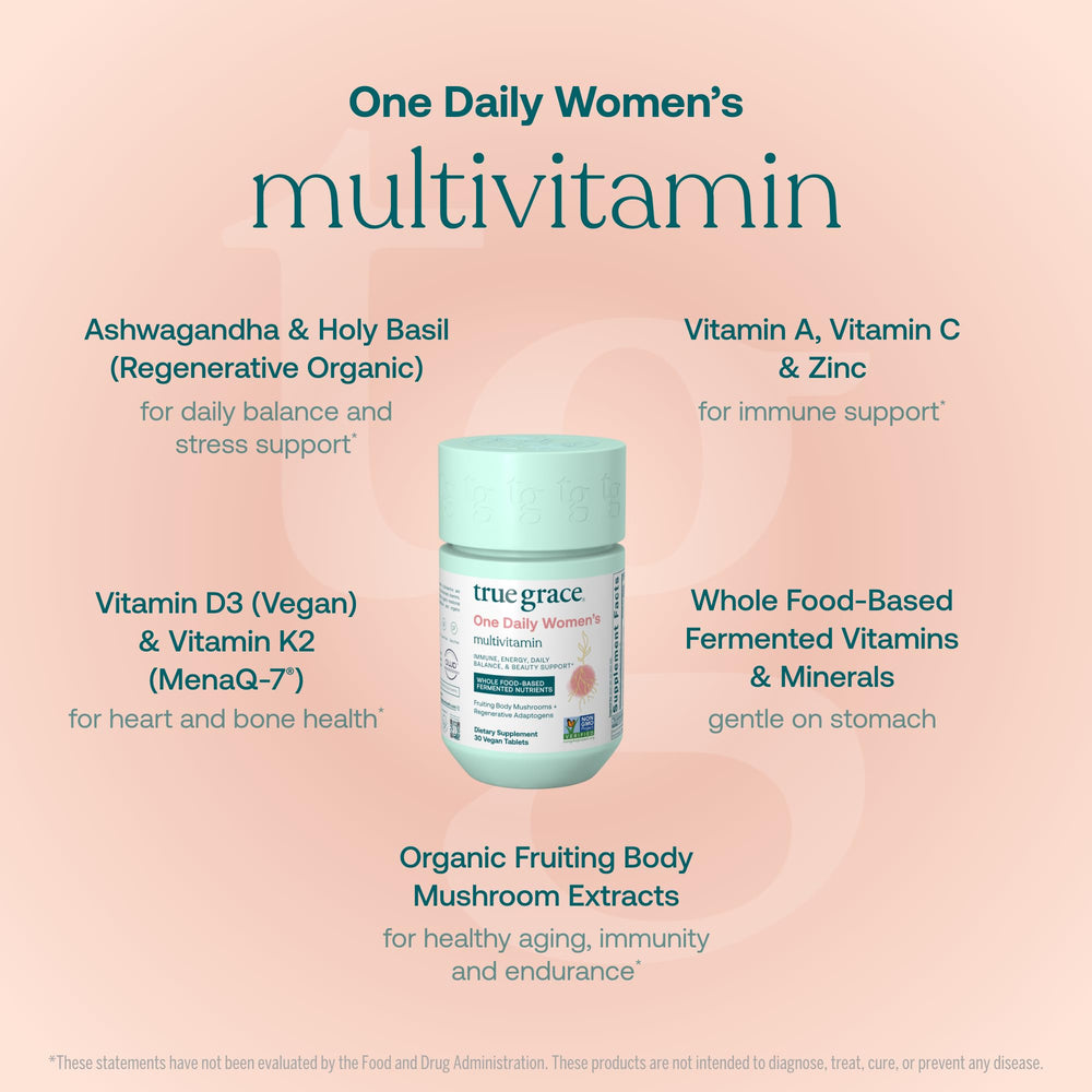 Close-up of True Grace multivitamin tablets highlighting essential nutrients