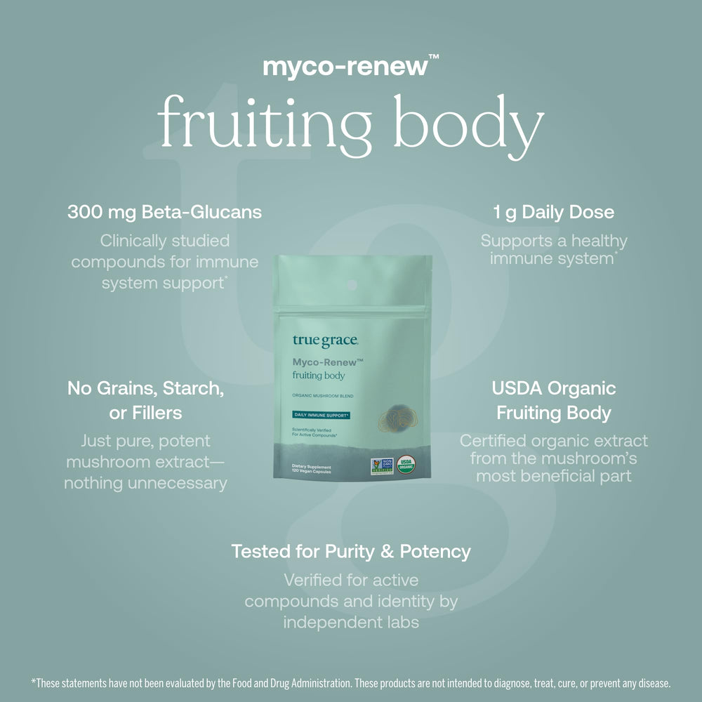 True Grace Myco-Renew bottle on shelf signals trusted organic wellness