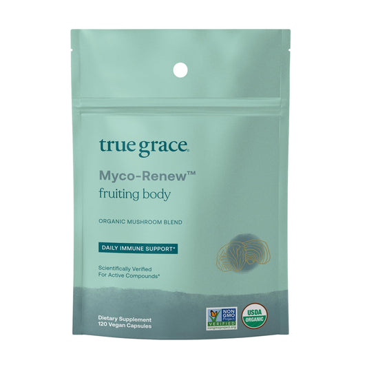 True Grace Mushroom Myco-Renew bottle with organic fruiting body mushrooms supports daily vitality