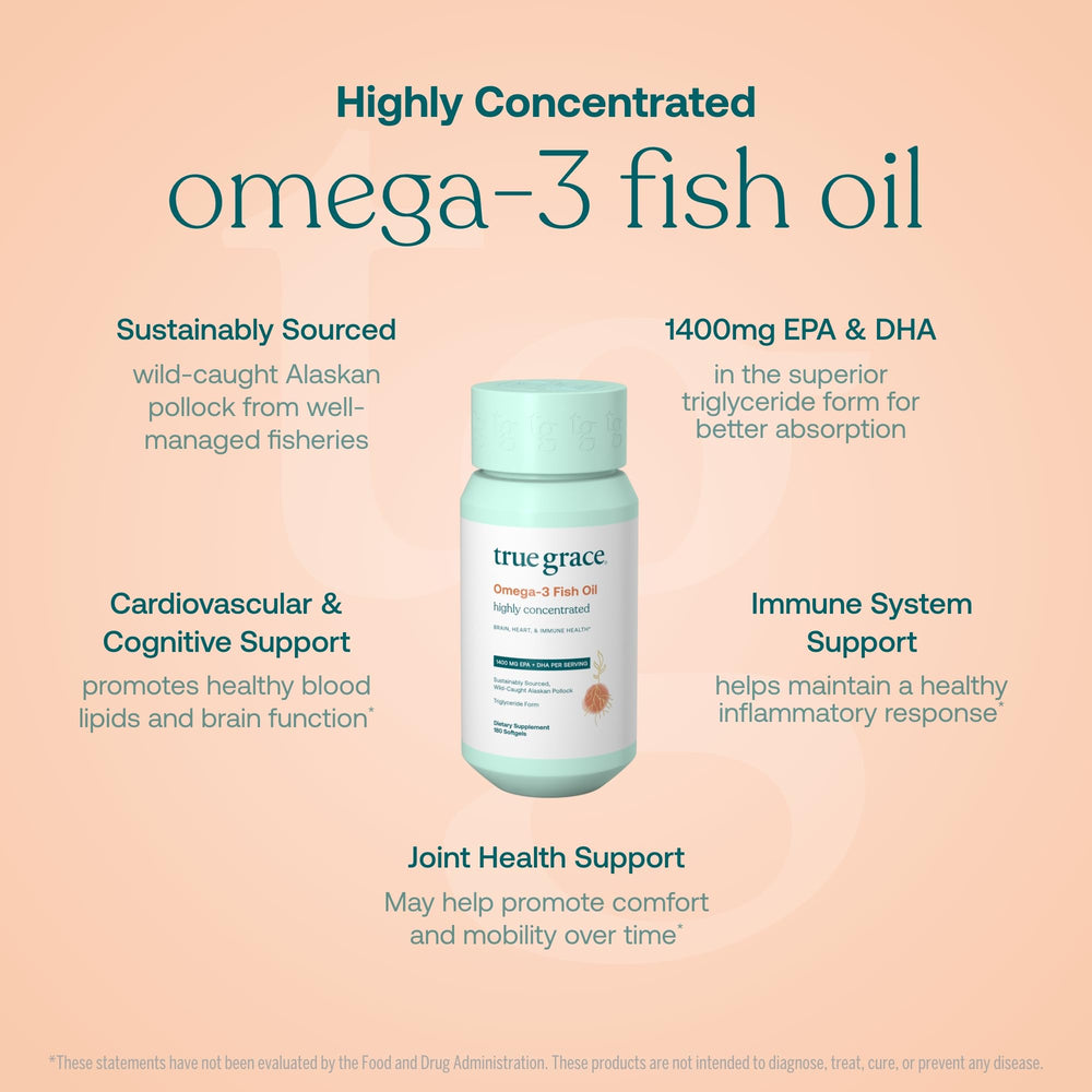 True Grace Omega-3 label highlights organic and gluten-free features.