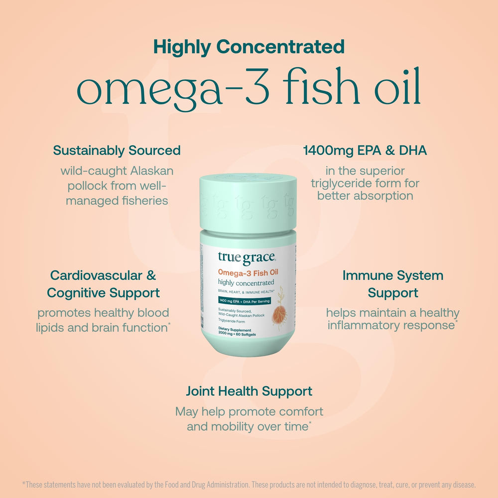 True Grace Omega-3 softgels bottle label closeup: shows 1400 mg EPA+DHA per serving.